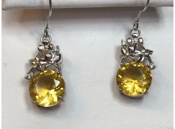 Fabulous 925 / Sterling Silver With Faceted Citrine Earrings - Lovely Floral Design - All Handmade - Nice !