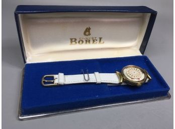 Awesome Vintage ERNEST BOREL Ladies Cocktail Kaleidoscope Watch - Working - White Strap & Dial - Goldtone Case