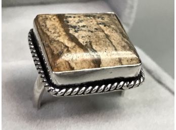 Beautiful Sterling Silver / 925 Cocktail Ring With Square Polished Chalco Pyrite - Nice Silver Rope Detail