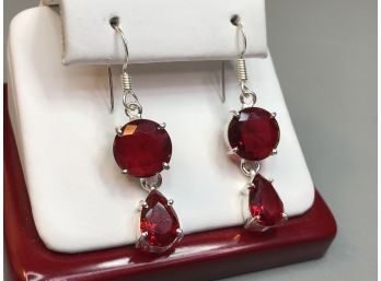 Very Pretty 925 / Sterling Silver Drop Earrings With Rubellite Tourmaline - Very Nice Pair - All Sterling