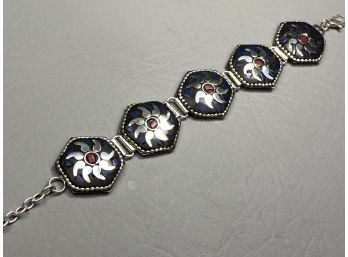 Beautiful Vintage Sterling Silver / 925 Bracelet With Lapiz Lazuli & Coral - Very Unusual Handmade Piece