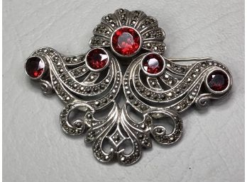 Wonderful 925 / Sterling Silver With Garnets & Marcasite - Very Pretty Vintage Victorian Style - Very Nice !