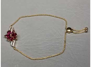 Fabulous Sterling Silver / 925 Bracelet With 14KT Gold Overlay - With Ruby & White Topaz - Adjustable Size