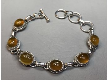 Lovely Vintage Style 925 / Sterling Silver With Orange Topaz Bracelet - All Handmade - 7-1/2' - Very Nice !