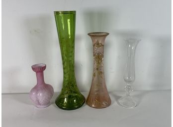 FOUR ANTIQUE GLASS VASES, INCLUDES QUILTED SATIN GLASS, THREADED BUD VASE, AND GILT GLASS. 13', 10', 9', AND 6