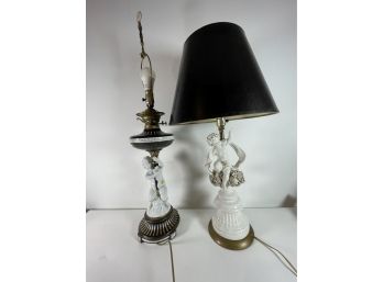 A KPM PORCELAIN LAMP WITH CHERUB AND ANOTHER PORCELAIN LAMP WITH CHERUB, 34' AND 29'