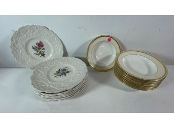 10 MINTONS FOR TATMAN CHICAGO SOUP BOWLS AND 8 ROYAL CAULDON WOODSTOCK FLOWER PLATES, 9.5' AND SMALLER