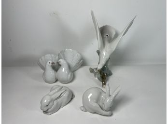 TWO LLADRO BIRD FIGURINES AND TWO RABBIT FIGURINES, 12' AND SMALLER
