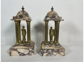A PAIR OF PINK MARBLE AND BRONZE PARTHENONS WITH GILDED FIGURES, 12' TALL