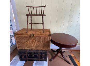 A TRUNK, A WICKER TRUNK, A STOOL, AND A DRUM TABLE