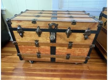 REFINISHED ANTIQUE FLAT TOP STEAMER TRUNK