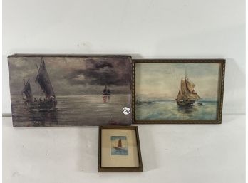 AN OIL ON CANVAS OF BOATS SIGNED LEROY WITH A WATERCOLOR OF A BOAT AND A PRINT OF A BOAT. 9' X 15' AND 8.5' X