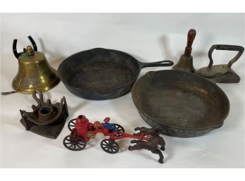 CAST IRON PANS, CAST IRON TOY, OTHER SMALLS
