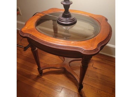 Oval End Table.  Beveled Glass, And An Interesting Double Serpentine Base Section