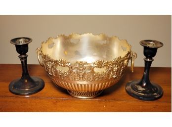 FB Rogers ( F.B. Rogers ) Silver Plated Candy Dish And 2 Other Silver Plated Candlestick Holders.