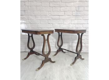 Pair Of Harp Side Tables - Claw Feet And Brass Accents  24'L