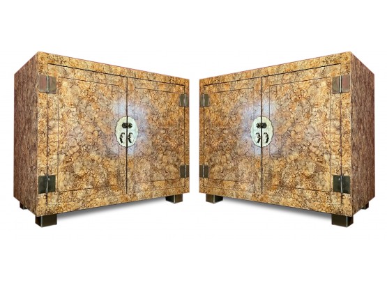 A Pair Of Faux Burl Wood And Brass Chinese Consoles