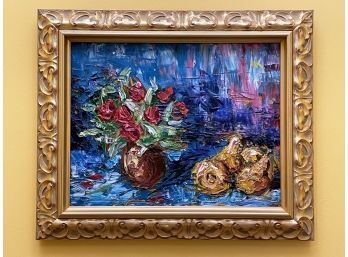 An Oil On Canvas Still Life In Impasto Style  'Roses And Pears' On Canvas By Mark Kazavchinski 2001