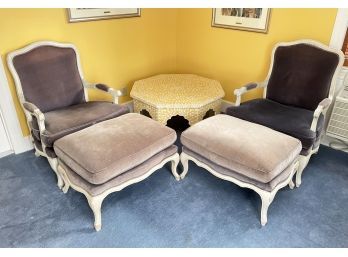 A Set Of Vintage Velvet Upholstered Fauteuils With Matching Ottomans