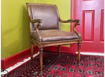 A Vintage Leather And Carved Wood Neoclassical Arm Chair, Swan Form Arms