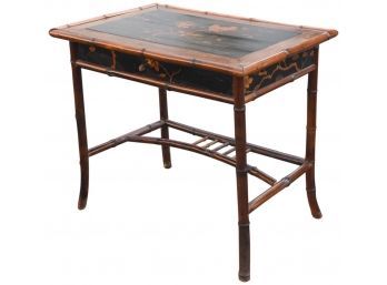 Hard Painted Bird Design Wood Table With Bamboo Trim