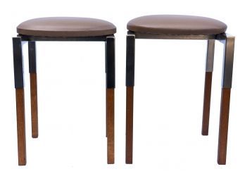 Pair Of La Compagnie French Chrome, Wood And Leather Stools