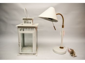 White Metal Lantern And White West Elm Table Lamp