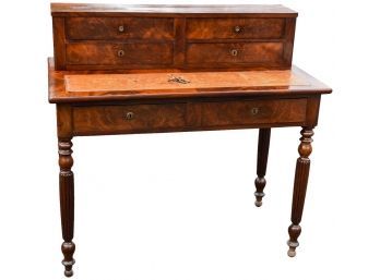 Antique English Burl Wood And Mahogany English Writing Desk With Tooled Leather Insert