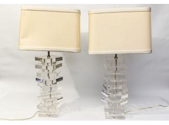 Pair Of Stacked Lucite Table Lamps With Silk Shades