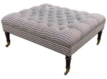 Custom Houndstooth Check Tufted Large Ottoman With Nail Head Stud Trim On Casters