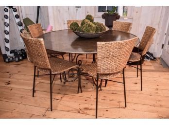 French Round Metal Hammered Dining Room Table And Set Of Six Pier One Wicker And Metal Chairs