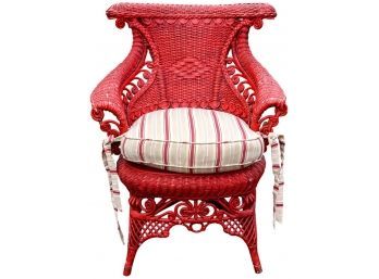 Antique Victorian Wicker Red Painted Chair With Cane Seat And Down Cushion