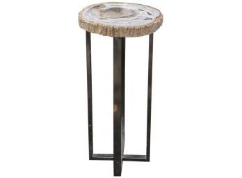 HD Buttercup Round Slice Petrified Wood Stainless Steel Base Side Table (RETAIL $1,195)