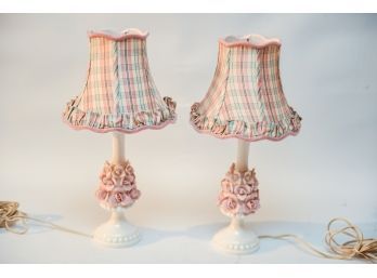 Pair Of Floral Design Table Lamps With Custom Made Silk Shades