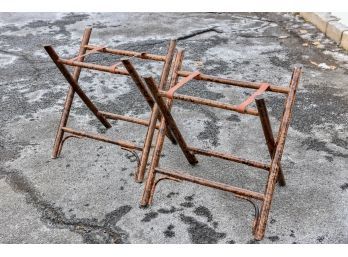 Pair Of Burl Wood Folding Luggage Racks With Leather Straps