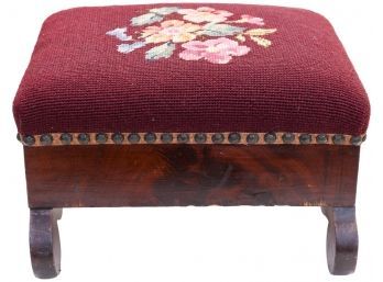 Antique Victorian Upholstered Needlepoint Stool With Wooden Base