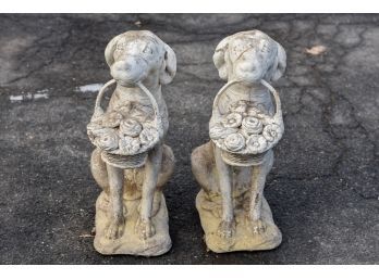 Pair Of American Cast Crushed Stone Sitting Dogs With Baskets