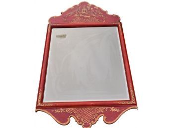 Hand Painted Red Lacquer Chinoiserie Beveled Glass Wall Mirror