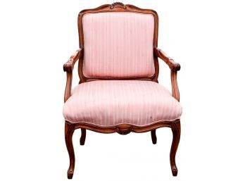 Raw Silk Upholstered French Style Bergere Carved Wood Arm Chair