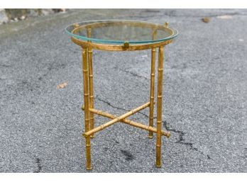 Diminutive Gilt Metal Faux Bamboo Table With Glass Top