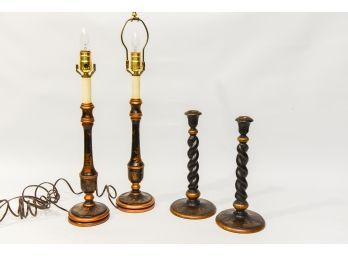 Pair Of Chinese Candlestick Table Lamps And Pair Of Chinoiserie Wood Candlestick Holders