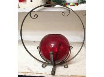 Sweet Ruby Colored Glass & Iron Plant Holder