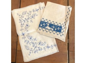 TWO Antique Blue & White Table Runners