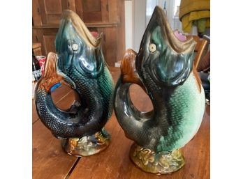 TWO MAJOLICA FISH PITCHERS MARKED 'ENGLAND', As Found