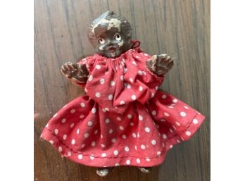 Small Antique Black Doll In Red Polka Dot Dress