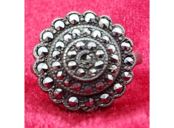 Vintage Size 7 Sterling Silver Victorian Ring With Marcasite Stones ~ Marked C & O Inside Triangles?