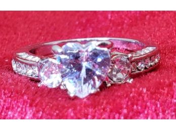 Size 7 1/2 Silvertone Ring With A Heart Shaped CZ