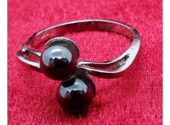 Size 7 Sterling Silver Ring With Two Black Tourmaline Rounds