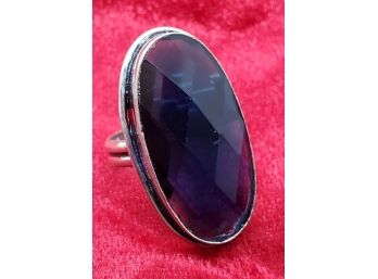 Size 7 1/2 Silver Plated Ring With A Huge Faux Sapphire ~ 1 1/8' X 58'