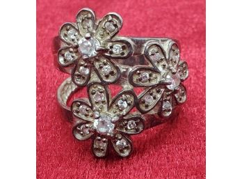 Size 7 Sterling Silver Triple Flower Ring With Beautiful CZ's